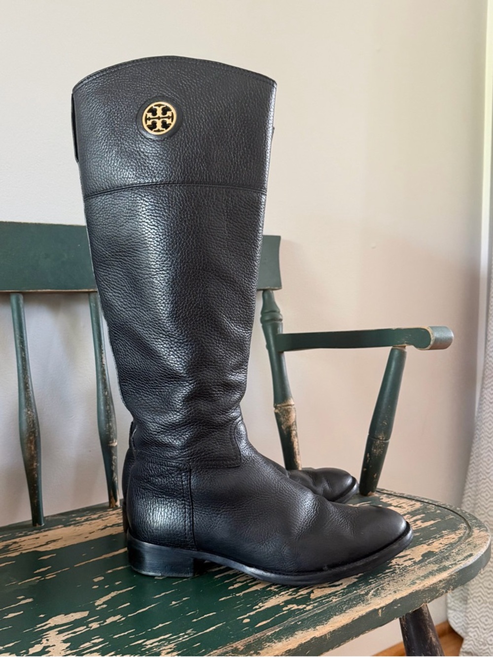 Tory Burch Black Tumbled Leather Pull On Junction Equestrian Riding Boots Gold 8 - Picture 6 of 16